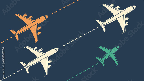Colorful Airplanes Flying with Trails in Night Sky Art