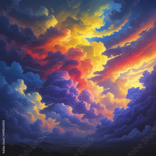 Yellow orange red purple violet blue clouds. Storm hurricane thunderstorm rain wind. Dark colorful
