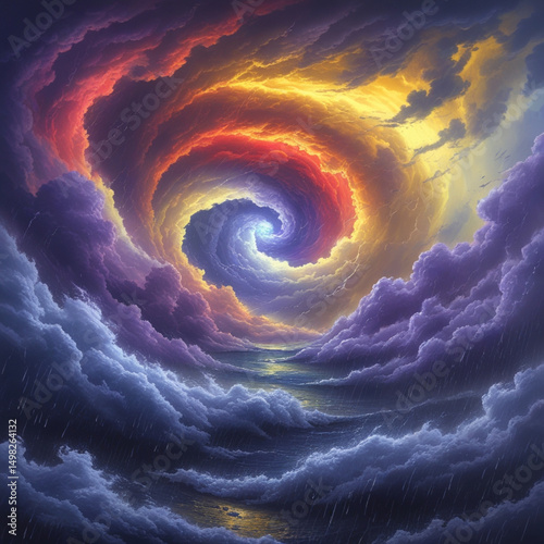 Yellow orange red purple violet blue clouds. Storm hurricane thunderstorm rain wind. Dark colorful
