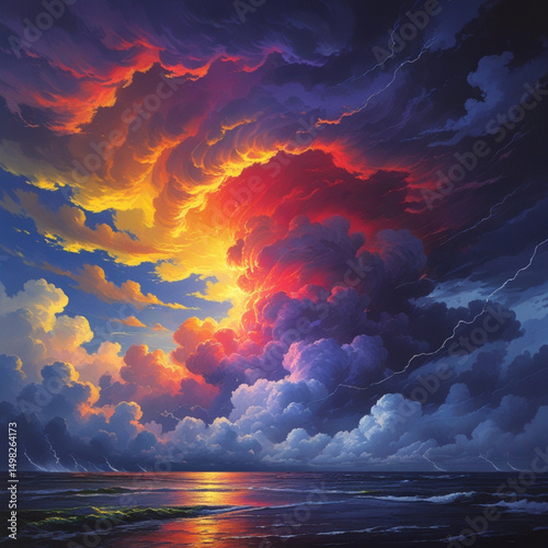 Yellow orange red purple violet blue clouds. Storm hurricane thunderstorm rain wind. Dark colorful
