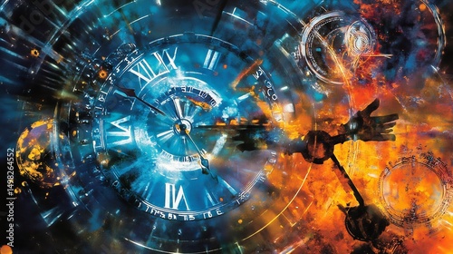Ancient clock tower ticking across multiverse timelines hands pointing to alternate destinies featuring surreal time art