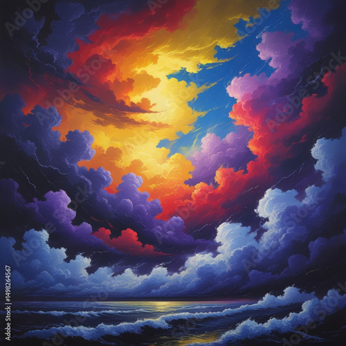Yellow orange red purple violet blue clouds. Storm hurricane thunderstorm rain wind. Dark colorful

