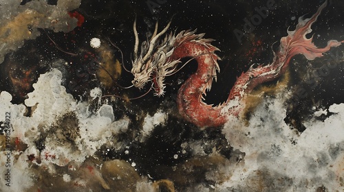 Ancient cosmic dragon sleeping the center of multiverse creation surrounded by elemental storms and stars