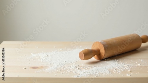 Wooden rolling pin rests on a light wood surface dusted with flour, ready for baking