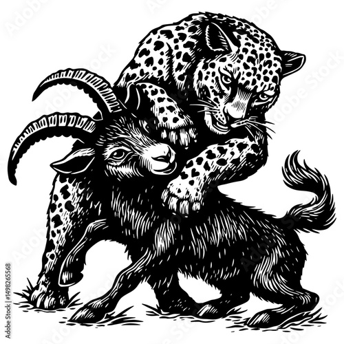 Leopard Attacking Goat, black and white vector design 