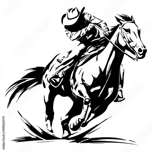 Dynamic cowboy on galloping horse in action pose silhouette.