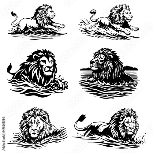 lion swimming in river, black and white vector design 