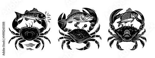 Crabs Holding Fish, black and white vector design 