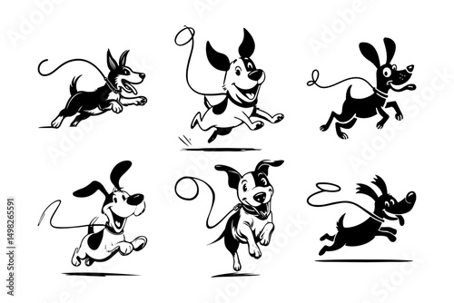 Playful cartoon dogs running with trailing leashes, in black and white vector style, black and white vector design 