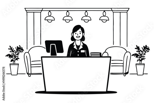 Hotel reception desk scene with smiling receptionist, vector illustration