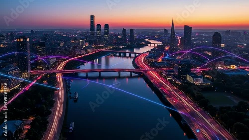 Futuristic cityscape at sunrise with digital light trails representing high-speed data or smart city communication systems. Aerial view over a river and bridges, with modern skyscrapers in the backgro
