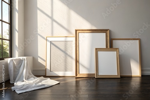 Sunlit room with empty wooden picture frames and white cloth