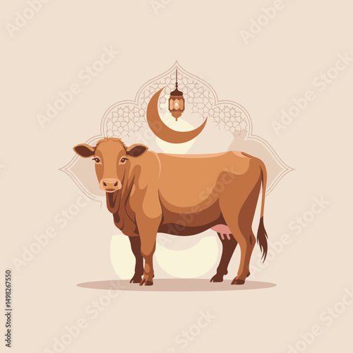 A minimalistic flat-style cow standing with Islamic ornamental background, crescent moon, and Arabic lantern, clean vector outlines, soft shadow, two-color palette only (brown & beige)