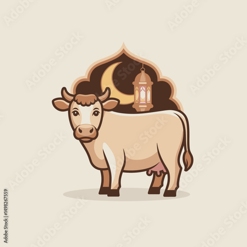 A minimalistic flat-style cow standing with Islamic ornamental background, crescent moon, and Arabic lantern, clean vector outlines, soft shadow, two-color palette only (brown & beige)