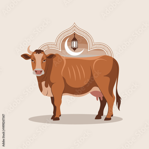 A minimalistic flat-style cow standing with Islamic ornamental background, crescent moon, and Arabic lantern, clean vector outlines, soft shadow, two-color palette only (brown & beige)