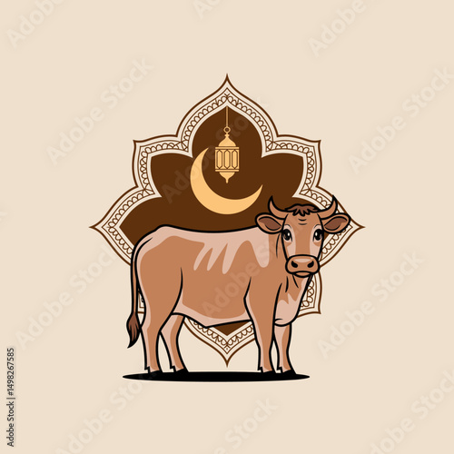 A minimalistic flat-style cow standing with Islamic ornamental background, crescent moon, and Arabic lantern, clean vector outlines, soft shadow, two-color palette only (brown & beige)