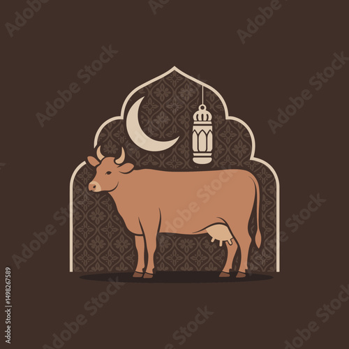 A minimalistic flat-style cow standing with Islamic ornamental background, crescent moon, and Arabic lantern, clean vector outlines, soft shadow, two-color palette only (brown & beige)