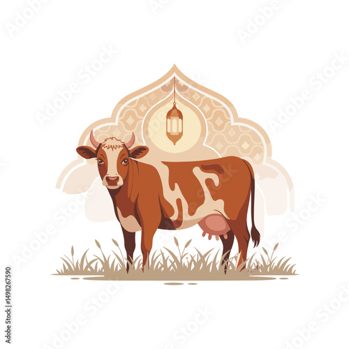 A minimalistic flat-style cow standing with Islamic ornamental background, crescent moon, and Arabic lantern, clean vector outlines, soft shadow, two-color palette only (brown & beige)