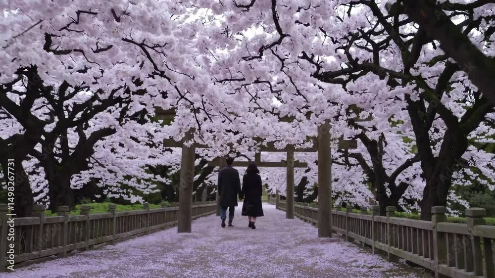 Serene spring walk under cherry blossoms and torii gate in tranquil park Serene spring walk under cherry blossoms and torii gate in tranquil park