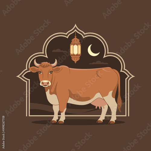 A minimalistic flat-style cow standing with Islamic ornamental background, crescent moon, and Arabic lantern, clean vector outlines, soft shadow, two-color palette only (brown & beige)