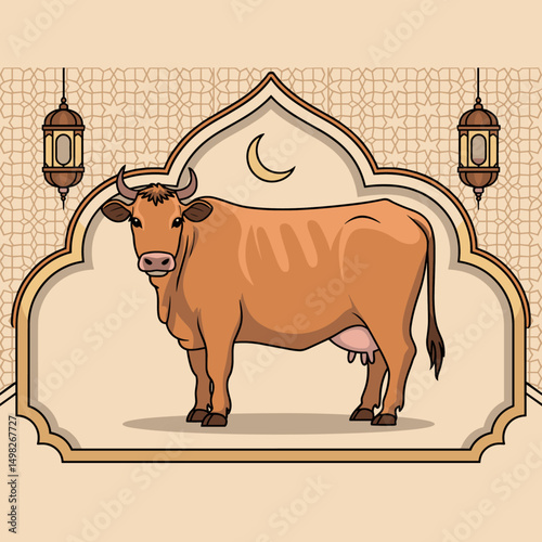 A minimalistic flat-style cow standing with Islamic ornamental background, crescent moon, and Arabic lantern, clean vector outlines, soft shadow, two-color palette only (brown & beige)