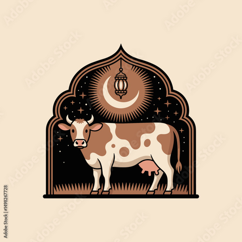 A minimalistic flat-style cow standing with Islamic ornamental background, crescent moon, and Arabic lantern, clean vector outlines, soft shadow, two-color palette only (brown & beige)