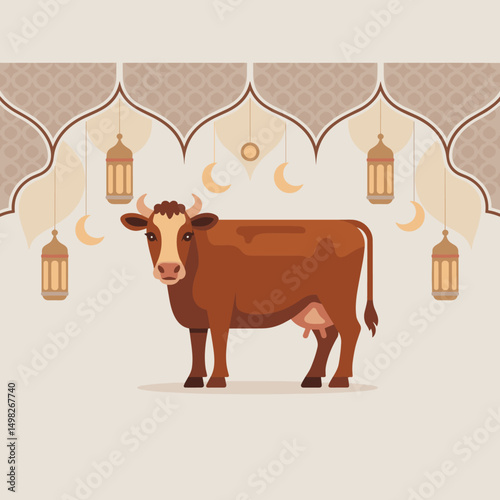 A minimalistic flat-style cow standing with Islamic ornamental background, crescent moon, and Arabic lantern, clean vector outlines, soft shadow, two-color palette only (brown & beige)