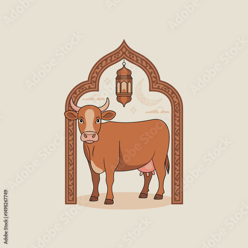 A minimalistic flat-style cow standing with Islamic ornamental background, crescent moon, and Arabic lantern, clean vector outlines, soft shadow, two-color palette only (brown & beige)