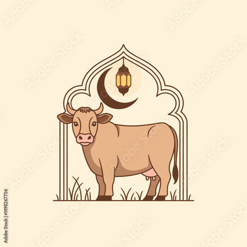 A minimalistic flat-style cow standing with Islamic ornamental background, crescent moon, and Arabic lantern, clean vector outlines, soft shadow, two-color palette only (brown & beige)