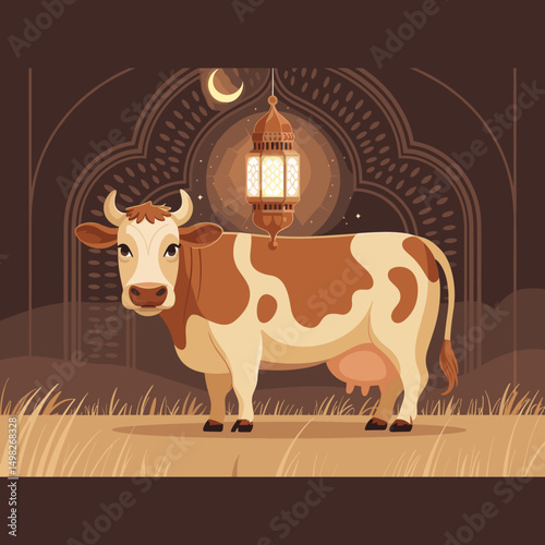 A minimalistic flat-style cow standing with Islamic ornamental background, crescent moon, and Arabic lantern, clean vector outlines, soft shadow, two-color palette only (brown & beige)