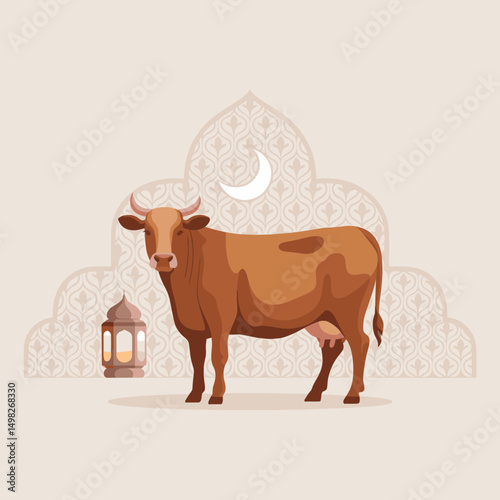 A minimalistic flat-style cow standing with Islamic ornamental background, crescent moon, and Arabic lantern, clean vector outlines, soft shadow, two-color palette only (brown & beige)