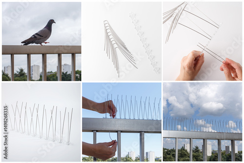 Anti-pigeon spike strips being installed on balcony railing. Stainless steel bird deterrent with transparent plastic base shown in various stages of assembly and installation. Instruction,