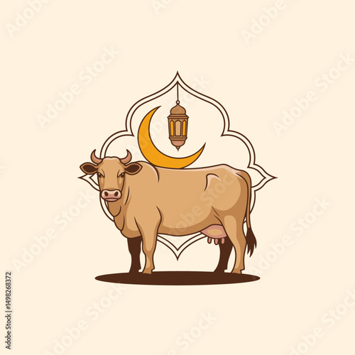A minimalistic flat-style cow standing with Islamic ornamental background, crescent moon, and Arabic lantern, clean vector outlines, soft shadow, two-color palette only (brown & beige)