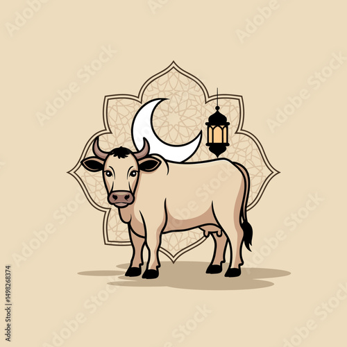 A minimalistic flat-style cow standing with Islamic ornamental background, crescent moon, and Arabic lantern, clean vector outlines, soft shadow, two-color palette only (brown & beige)
