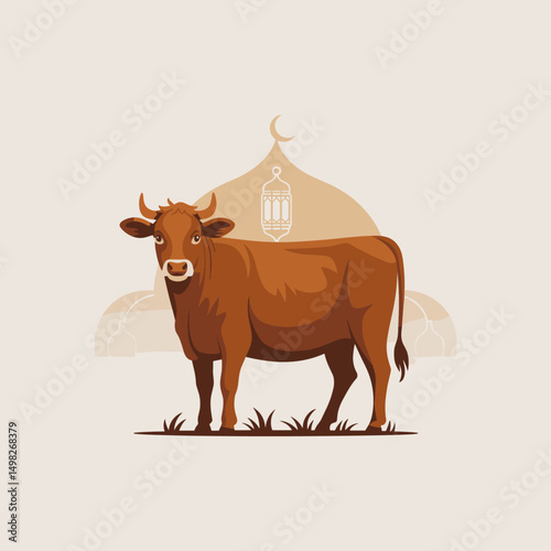A minimalistic flat-style cow standing with Islamic ornamental background, crescent moon, and Arabic lantern, clean vector outlines, soft shadow, two-color palette only (brown & beige)