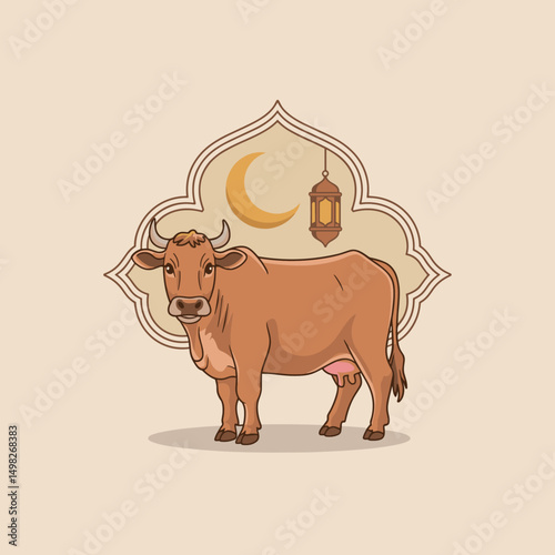 A minimalistic flat-style cow standing with Islamic ornamental background, crescent moon, and Arabic lantern, clean vector outlines, soft shadow, two-color palette only (brown & beige)