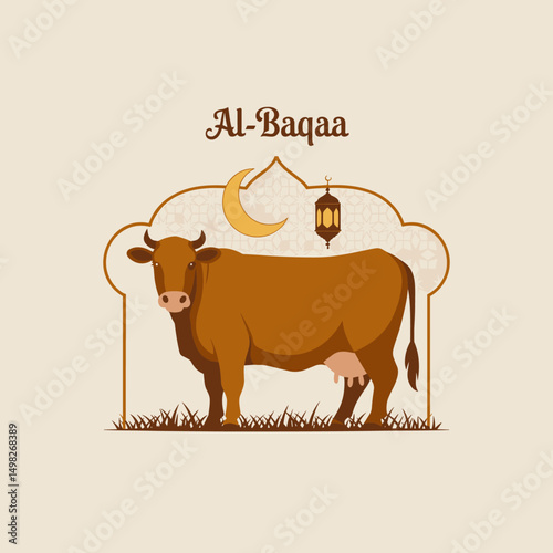 A minimalistic flat-style cow standing with Islamic ornamental background, crescent moon, and Arabic lantern, clean vector outlines, soft shadow, two-color palette only (brown & beige)