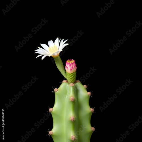Cactus Echinopsis El capitan with flower isolated on Black.