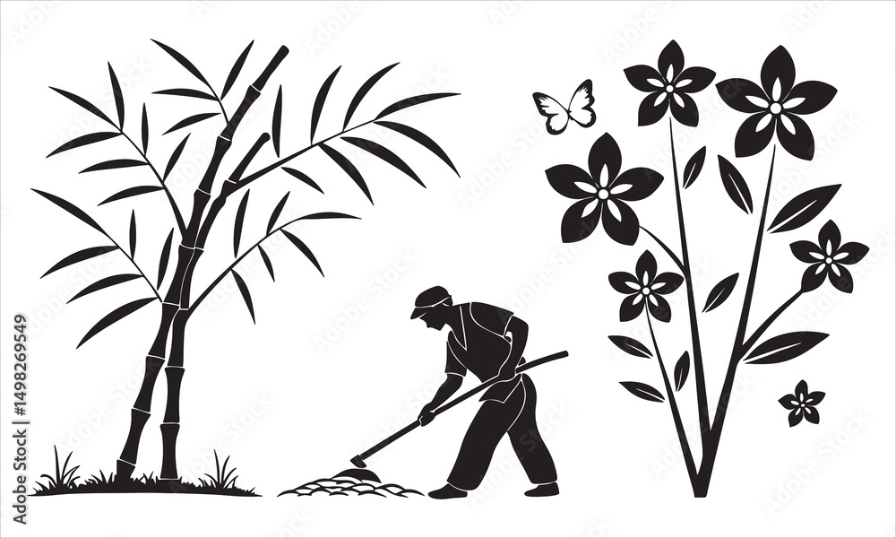 Fototapeta premium Gardener tending bamboo and flowers black and white silhouette