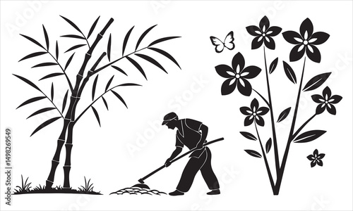 Gardener tending bamboo and flowers black and white silhouette