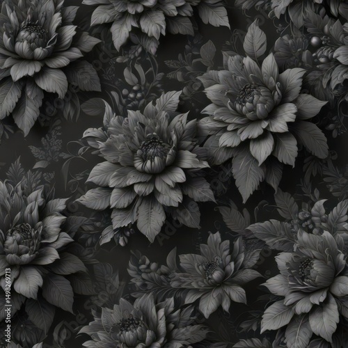Intricate charcoal floral wallpaper, rich texture, luxurious feel , material, rich