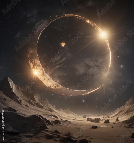 Distressed parchment, soft star glow, crescent moon, cosmic dust ,  stars,  antique