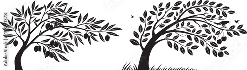 Two stylized black olive trees with olives and birds