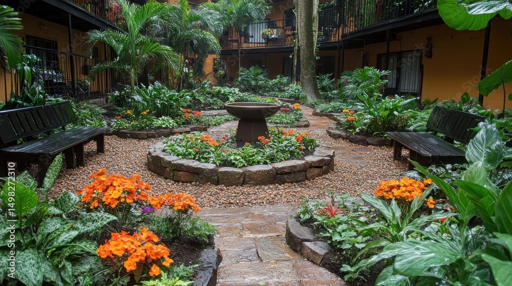 Obraz premium Serene Courtyard Oasis: A Tropical Garden Retreat