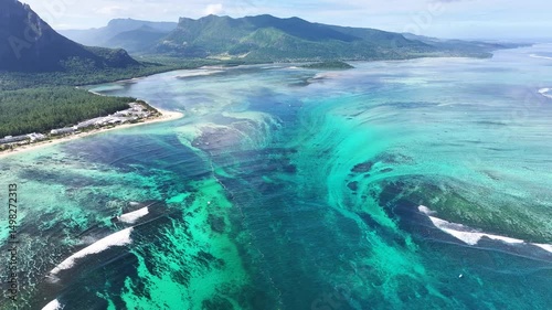 Underwater Waterfall At Le Morne Beach Mauritius Island Mauritius. Stunning Tropical Coastline Beach Scene Viewed From Above. Shore Clouds Sky Beach Sea. Shore Seaside Panoramic.