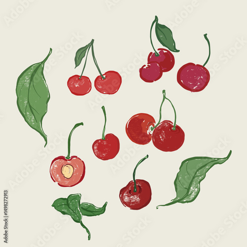 Vector fruit doodle illustration of juicy cherry and green leaves. Hand-drawn garden harvest sketch. Organic farm graphics. Tasty food for design, veggie market drawing print, fabric or background.