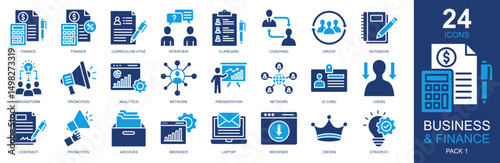 Business And Finance Icons set vector illustration. Containing finance, interview, analytics, presentation, strategy and more. Simple solid icons collection.