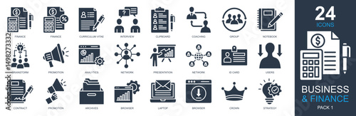 Business And Finance Icons set vector illustration. Containing finance, interview, analytics, presentation, strategy and more. Simple glyph icons collection.