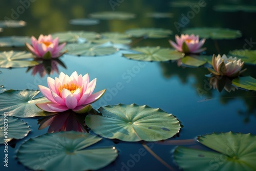 Water lilies form a floral pattern across a tranquil lake's surface, water lily, organic, macro