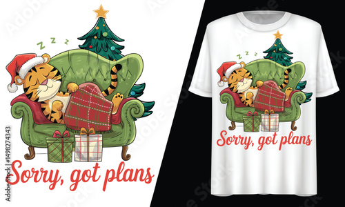 Sorry Got Plans, Tiger Christmas Cozy Nap, T-Shirt Design.
